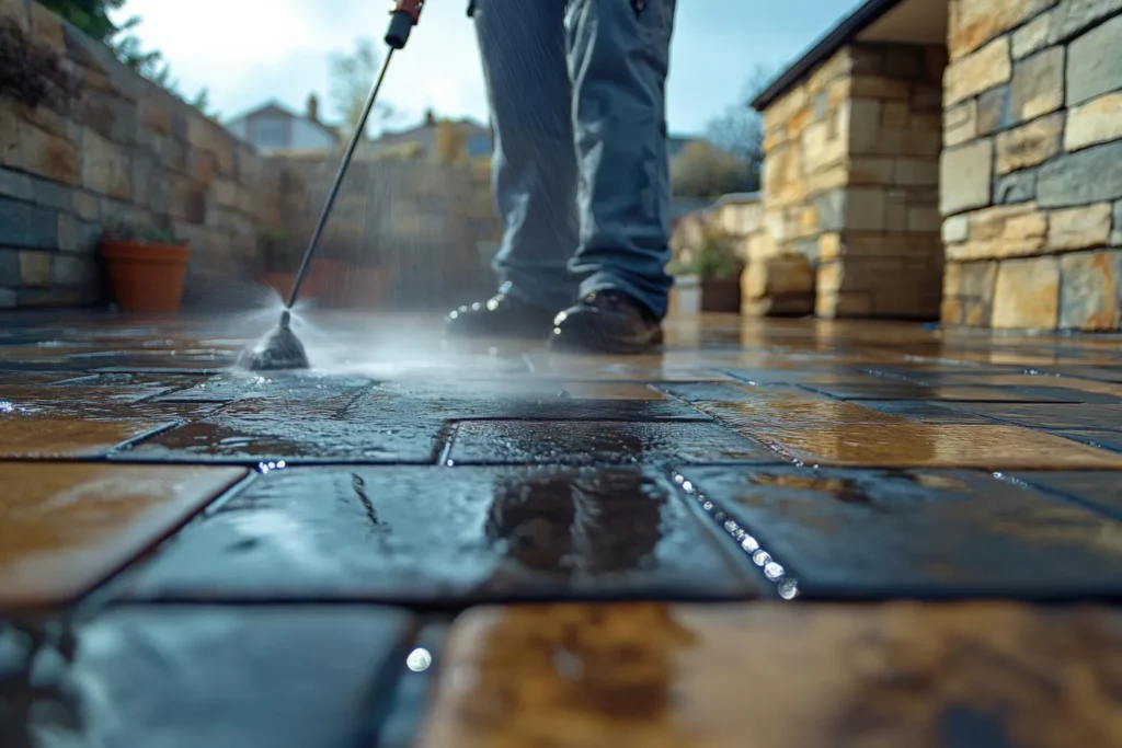 Wykwity wapienne na kostce betonowej brukowej